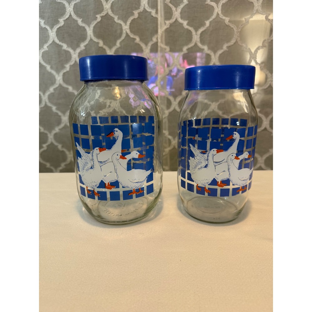 Vintage Country Geese Glass Canister Set 1L 3L Blue Checkered Jars with Lids